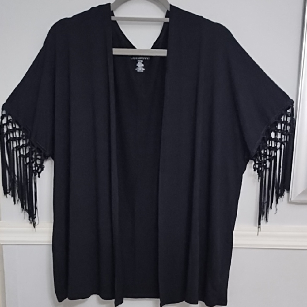 Lane Bryant Cardigan Women's Crochet Fringe Black Open Front